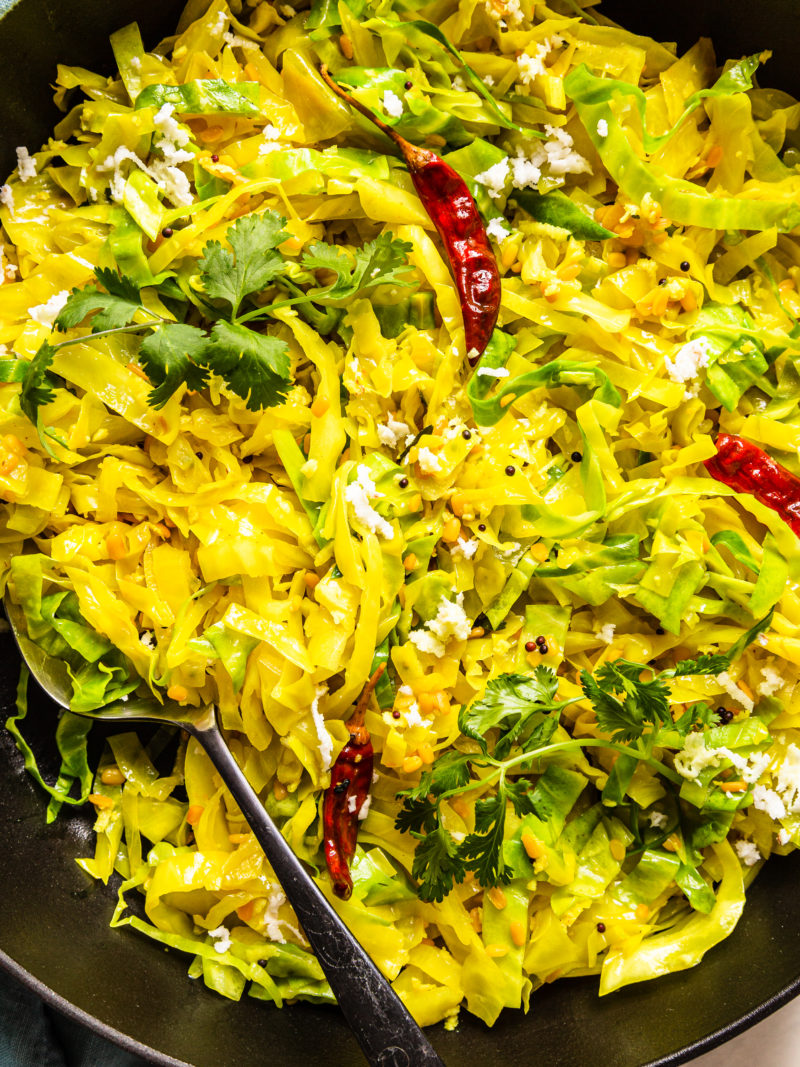 Cabbage Poriyal (stir fry) - vegetable side served in Indian cuisine