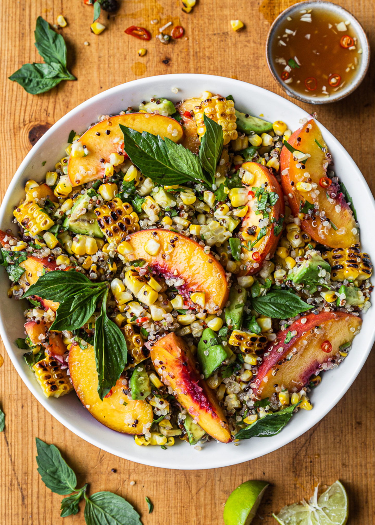 Charred Corn, Peach Salad with Quinoa and Nuoc Cham