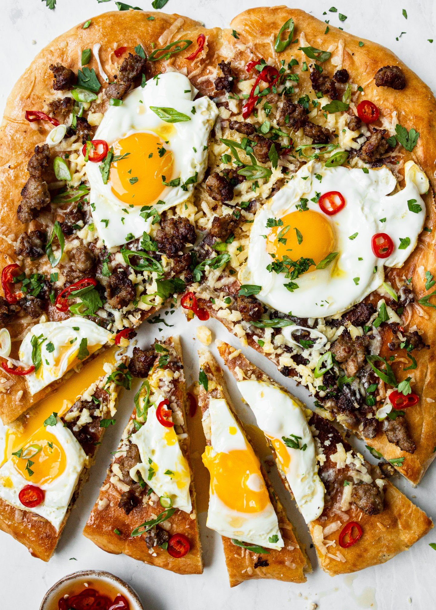 Sausage, Cheddar, and Egg Pizza with Chili...