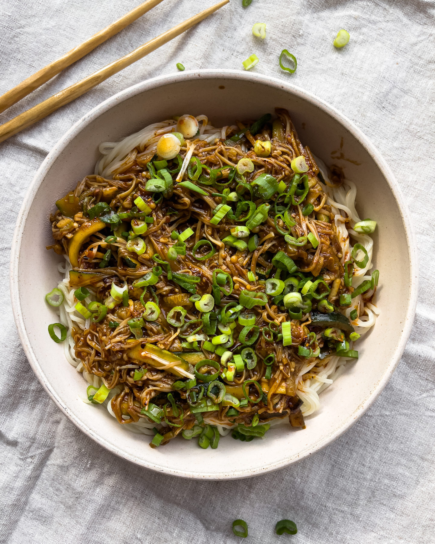 Noodles with Enoki Mushroom Sauce and Scallions - Rachel Gurjar