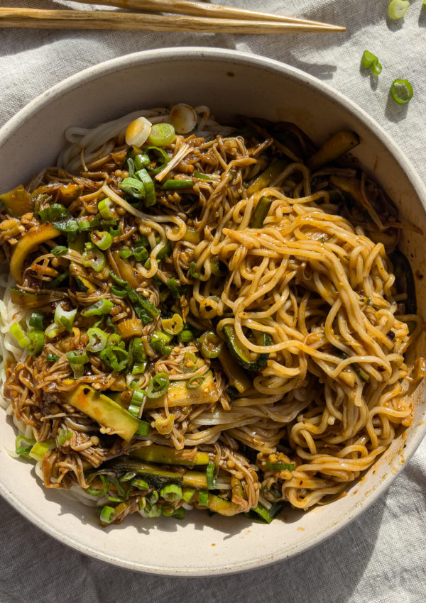 Noodles with Enoki Mushroom Sauce and Scallions